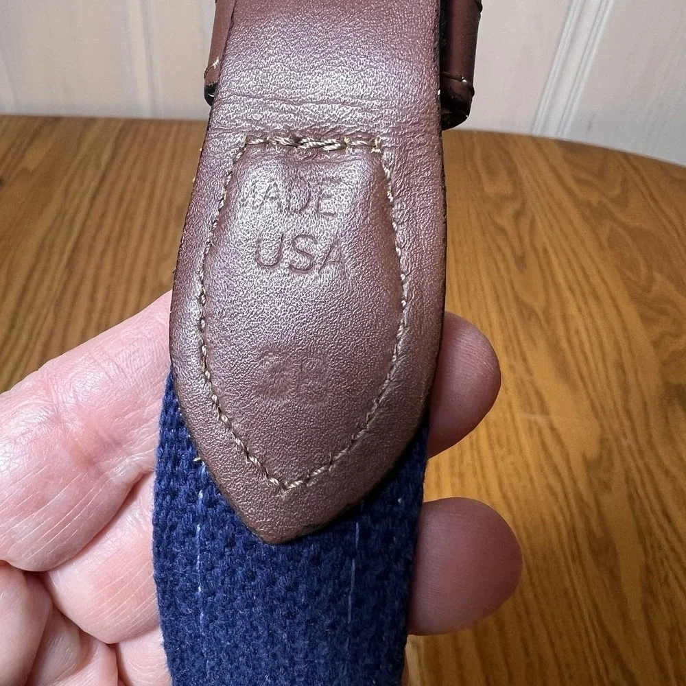 Men's Navy Blue Nautical Anchor Wheel Belt size 38 Preppy Cruise Brown Leather